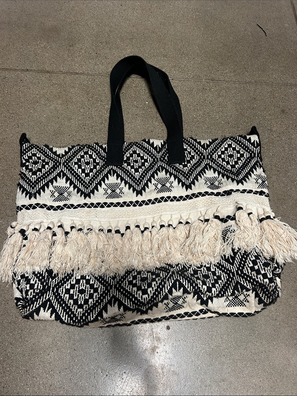 Black & Cream Woven Fringe Tote Bag